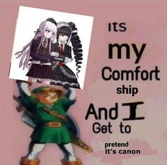 an image of two anime characters with caption that reads, it's my comfort ship and i get to pretend it's canon