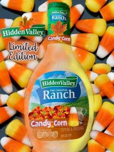 a bottle of hidden valley ranch dressing surrounded by candy corn