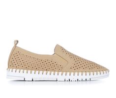 Breathable perforated synthetic upper, Easy slip-on entry with elastic panels, Closed round toe, Approx. 1 1/4 inch lift height, Cushioned unlined insole, Flexible rubber midsole with stitching details and durable outsole, Patrizia® branding details | Women's Patrizia Surfie Slip-On Shoes in Tan Size 6 Spring Flat Heel Slip-ons With Perforations, Slip-on Sneakers With Perforations, Slip-on Sneakers With Perforations And Flat Heel, Spring Leather Slip-on Sneakers With Perforations, Slip-ons With Perforations And Round Toe, Perforated Round Toe Slip-ons, Perforated Slip-ons With Round Toe, Spring Synthetic Slip-on Sneakers With Perforations, Comfortable Slip-ons With Perforations