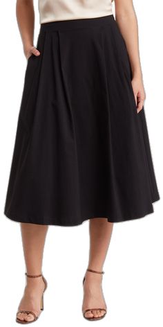 Workwear Midi Length Pleated Skirt With Elastic Waistband, Pleated Midi Skirt With Elastic Waistband For Work, Stretch Midi Length Pleated Skirt For Work, Stretch Midi-length Pleated Skirt For Workwear, Cotton Midi-length Pleated Skirt For Work, Cotton Pleated Midi Skirt For Work, Black Knee-length Cotton Skirt, Black Cotton Knee-length Skirt, Fitted Knee-length Pleated Skirt With Elastic Waistband