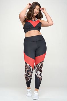 Feel bold and beautiful in this red colorblock cheetah print matching two piece set! Features a high neckline sports bra with removable padding and a matching pair of high waisted leggings! This fit will have you ready to conquer any workout that's thrown your way. Fitted Leopard Print Activewear For Workout, Leopard Print Stretch Athleisure Activewear, Stretch Leopard Print Athleisure Activewear, Active Leggings, Bold And Beautiful, Two Piece Set, High Neckline, Moisture Wicking Fabric, High Waisted Leggings