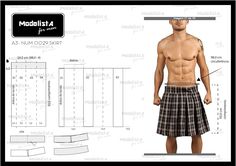 an image of a male mannequin wearing a kilt with measurements on it