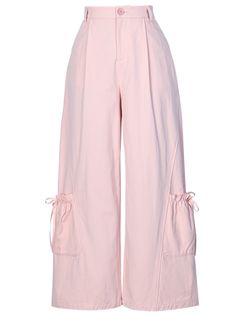 Elevate your wardrobe with these charming Side Pocket Design Pink Bowknots Wide Leg Pants. The standout feature of these pants is the adorable bowknots adorning each side pocket, adding a whimsical and cute element that sets them apart from ordinary trousers. The side pockets are not only stylish but also functional, providing convenient storage for your essentials. With a high-waisted design, these pants flatter your silhouette, elongating your legs and accentuating your waist for a flattering Pink Cotton Wide Leg Pants With Pockets, Pink Wide Leg Cotton Pants With Pockets, Pink Wide Leg Pants With Side Pockets For Spring, Pink Wide-leg Parachute Pants For Spring, Spring Wide-leg Parachute Pants With Patch Pockets, Chic Spring Bottoms With Bow, Chic Cotton Parachute Pants With Pockets, Trendy Spring Bottoms With Bow Detail, Sporty Wear