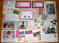 a bulletin board with many different pictures and words on it, including children's names