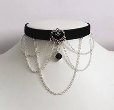 Gothic Choker Black Gem Chains Velvet Necklace Halloween | Etsy Gothic Chain Choker, Emo Jewelry With Adjustable Chain For Parties, Silver Emo Choker, Emo Style Choker Jewelry With Chain, Emo Style Party Jewelry With Chain, Emo Silver Choker For Halloween, Emo Party Jewelry With Chain, Gothic Chain Choker For Party, Gothic Style Chain Choker As Gift