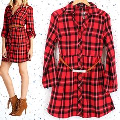 Color: Red / Black 100% Cotton (No Stretch) Shirt Dress, Tunic Shirt Button Down Closure Long Sleeve With Button Tab, Roll Up Sleeve Belt Is Included Flannel Plaid Approximate Measurements (Flat Lay): Bust: S-16 / M-17 / L-18 Length: 32 Sleeve: 21-22 * Color May Vary Due To Screen Display Setting. * Same Or Next Business Day Shipping #1971-143 Casual Red Long Sleeve Shirt Dress, Casual Red Shirt Dress, Red Button-up Casual Shirt Dress, Red Button-up Shirt Dress Casual, Red Collared Shirt Dress For Fall, Red Button-up Shirt Dress For Work, Red Shirt Dress For Fall Workwear, Red Shirt Dress For Workwear In Fall, Red Shirt Dress For Fall