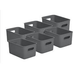 six grey plastic storage baskets with handles