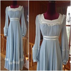 Beautiful 70s Gunnesax dress in sky blue. The light blue tone and white lace throughout give it a very bright and refreshing feel. Ren style gunne sax. Tag size: Gunne Sax 9 Bust 35.5" Waist 27" Length 54" There are no visible flaws.  Good vintage condition.  Shipping worldwide.  Thank you. Gunne Sax Dream Dress, Blue Vintage Victorian Dress With Ruffles, Vintage Blue Victorian Daywear Dress, Blue Vintage Victorian Dress For Daywear, Fitted Blue Victorian Vintage Dress, Vintage Blue Victorian Dress For Spring, Vintage Blue Victorian Dress With Lace Trim, Blue Vintage Victorian Dress With Lace Trim, Vintage Blue Dress With Lace Trim