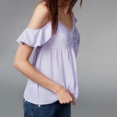 Express Lavender Top S Nwt Blouse Cold Shoulder Gorgeous!!! Lavender V-neck Blouse For Spring, Sleeveless Lavender Ruffled Top, Spring Lavender V-neck Top, Feminine Lavender V-neck Blouse, Sparkle Blouse, Purple Soft-washed Relaxed Fit Tops, Ruffle Neck Blouse, Lavender Tops, Cream Blouse