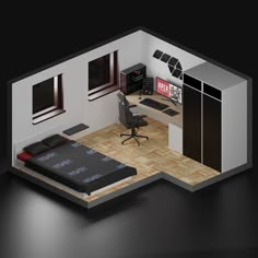 a room with a bed, desk and computer on the floor is shown in an overhead view