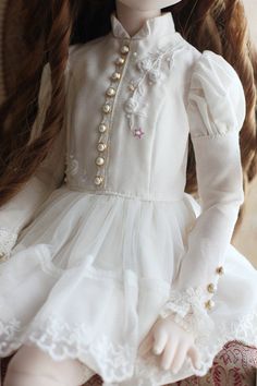 Elegant Long Sleeve Dress-up Sets, Cute Fitted Sets With Buttons, White Button-up Dress For Dress-up Occasion, White Dress With Buttons For Dress-up, White Long Sleeve Dress-up Sets, White Fitted Princess Style Set, White Ruffled Sets For Dress-up, White Ruffled Sets For Dress-up Occasions, Fitted White Sets For Dress-up