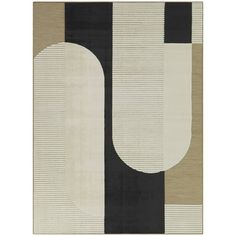 an area rug with black, beige and white shapes on it's sides in various colors