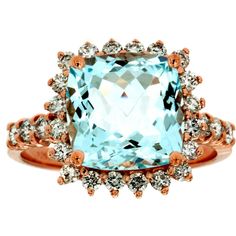 Royal 14K Rose Gold Aquamarine & Diamond Ring - 3.40 Carat Cushion Cut Gem Blue Cushion Cut Aquamarine Jewelry, Luxury Aquamarine Gemstone Diamond Ring, Luxury Aquamarine Exquisite Jewelry, Luxury Aquamarine Gemstones With Accent Stones, Luxury Aquamarine Gemstones With Accents, Aquamarine Colour, Luxury Rings, Royal Jewelry, Cushion Cut