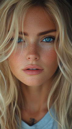 a woman with long blonde hair and blue eyes