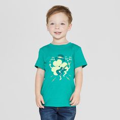 Infant Toddler Boys' Long Sleeve Tee Shirt With Shamrock. Metallic Blue Green T-shirt For Spring Playtime, Cute Green T-shirt For Playwear, Playful Graphic Print Shirt For Playtime, Green Graphic Print Top For Playtime, Cute Short Sleeve Tops For Play, Blue Spring Top For Play, Blue Spring Tops For Play, Playful Pre-shrunk Shirt For Playtime, Spring Blue Tops For Play