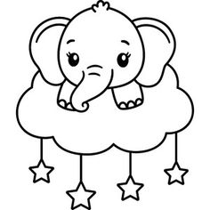 an elephant is sitting on top of a cloud with stars around it and its trunk hanging down