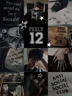 the collage has many different pictures with words on it and stars above them that read,'feely 12 anti social social club