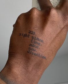 a hand with the words right place, left and right direction written on it in black ink