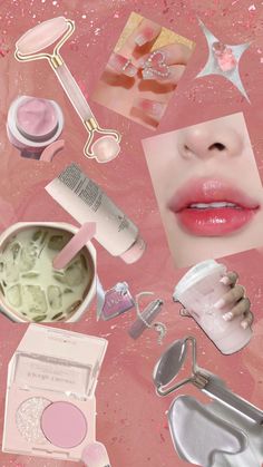 a collage of makeup and beauty products on a pink background with stars around it