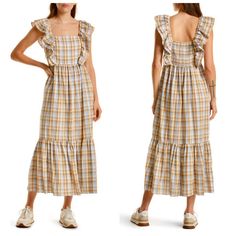 New With Tags. In Excellent Condition. No Flaws. Never Been Worn. In Plaid Multicolor. Size 12. Madewell Ruffle-Sleeve Tiered Midi Dress In Plaid Nwt Features: Made Of Airy Cotton In A '70s Plaid, This Vintage-Y Midi Dress Has Swingy Ruffled Sleeves, A Fitted Bodice (Thanks To Smocking In Back) And A Full Tiered Skirt. Falls 50" From High Point Of Shoulder (Based On Size 6) Pockets Flutter Sleeves Smocked Bodice Square Neckline Cotton Bundle And Save! Ships Next Business Day! Casual Cotton Midi Dress With Flutter Sleeves, Casual Ruffled Midi Dress For Picnic, Casual Ruffle Midi Dress For Picnic, Cotton Midi Dress With Ruffles For Picnic, Casual Midi Dress With Ruffle Sleeves For Daywear, Casual Brown Dress For Picnic, Brown Ruffled Midi Dress For Daywear, Red Boho Dress, Cami Midi Dress