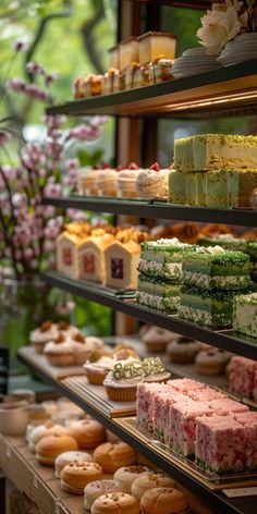 a display case filled with lots of different types of cakes