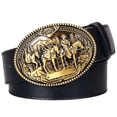 Vintage western belt with a large gold buckle

 Are you the good guy, the bad guy or the ugly guy? With this vintage western belt , you decide! This is a real leather cowboy accessory , equipped with a large alloy buckle so that you can impose your style in front of everyone. All you have to do is choose the buckle that you like the most!

 ✂ BELT DETAILS



 Premium quality PU leather

 Designer and sturdy alloy buckle

 High-end finish

 Easily adjustable




 Gender: male Look Western, Big Buckle Belt, Cowboy Accessories, Cowboy Buckle, Rock Jeans, Cowboy Belt Buckles, Cowboy Belt, Leather Belts Men, A Cow