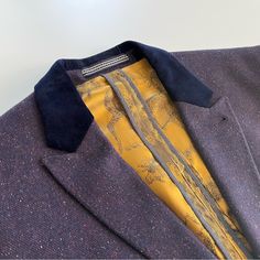 Ted Baker London - Sport Coat / Blazer Stag Edition - Royal Purple And Gold Colorway An Iconic Upscale London-Tailored Fit With Accented British Flair. Crafted In Royal Purple Flecked Wool-Tweed, Brilliantly Lined In A Golden-Silk Inlay With Illustrated Stag Deer Print. Finished With Brown-Marbled Buttons, Flap And Breast Pockets, And A Luxurious Navy Velvet Lapel Collar. Size 3: 38 Us Purple Single Breasted Blazer For Tailoring, Tailored Purple Outerwear With Suit Collar, Navy Sport Coat, Wool Blazer Mens, Linen Sport Coat, Stag Deer, Mens Sport Coat, Brown Blazer, Navy Blue Blazer