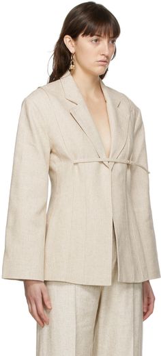 Long sleeve paneled linen and viscose-blend blazer in beige. Notched lapel collar. Open front. Tonal strap with adjustable pin-buckle fastening at chest. Darts and welt pockets at waist. Loop detailing at padded shoulders. Fully lined. Tonal and gold-tone hardware. Supplier color: Beige Summer Blazer, Mode Abaya, Beige Blazer, Suit Style, Abayas Fashion, Tailored Jacket, Mens Street Style, Fashion Details, Clothing For Women