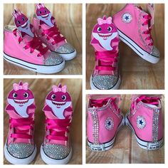 Baby Shark Converse, Baby Shark Shoes, Baby Shark Birthday, Baby Shark Outfit Shark Converse, Baby Shark Shoes, Shark Outfit, Ladybug Tutu, Bling Sneakers, Converse Baby, Shark Shoes, 2nd Birthday Party For Girl, Shark Themed Birthday Party