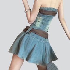 Introducing the 2023 Summer Collection's show stopping strapless denim dress with belts ââ‚?a one-of-a-kind modern statement that redefines elegance!Why It's Your New Summer Must-HaveDesigned to be the perfect blend of vintage glamour and modern trends. this dress is instantly eye-catching. The strapless silhouette and zipper closure create a vintage-inspired look with a contemporary edge. while the distressed denim material and belts give it an effortless. rocker-chic look.Key Highlights: Vinta Casual Dresses With Belt Detail For Spring, Casual Spring Dress With Belt Detail, Fitted Denim Strapless Dress For Summer, Summer Dress With Belt Detail, Casual Fitted High Waist Dress, Medium Wash Strapless Dress For Party, Fitted Mini Dress With Belt For Summer, Strapless Medium Wash Dress For Party, Spring Trendy Fitted Corset Dress