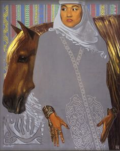 a painting of a woman standing next to a horse with her hands on the horse's back