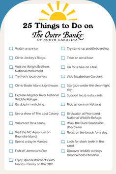 the 25 things to do on the outer bank checklist is shown in blue and white