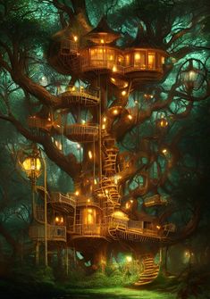 a tree house in the middle of a forest with lots of lights on it's sides