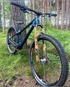 a blue and yellow mountain bike parked next to a tree in the woods with green grass