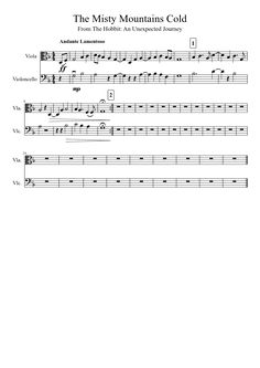 the music score for the misty mountains cold, with notes in english and spanish on it