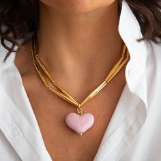 Helia Cuore Duo Necklace In Gold - Tohum Design Handmade Pink Gold-plated Necklaces, Handmade Pink Gold-plated Necklace, Elegant Glass Heart Charm Necklace, Pink Heart-shaped Gold Plated Necklace, Duo Necklace, Modern Heart-shaped Necklace For Valentine's Day, Cute Pink Heart-shaped Charm Necklace, Elegant Glass Heart Pendant Necklaces, Glass Heart Pendant Necklace With Heart Charm