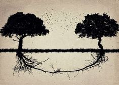 two trees are reflected in the water on an old - fashioned paper textured background