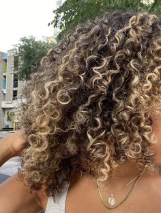 Blonde Streaks On Curly Hair, Curly Hair With Light Highlights, Curly Hair With Honey Blonde Highlights, Carmel Highlights On Curly Hair Natural Curls, Highlits Curly Hair, Honey Brown And Blonde Highlights, Hair Color For Curly Hair Highlights, Brown Blonde Highlights Curly Hair, Blonde Highlights With Curly Hair