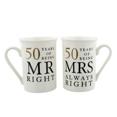 two white coffee mugs with the words 50 years of being mr and mrs right