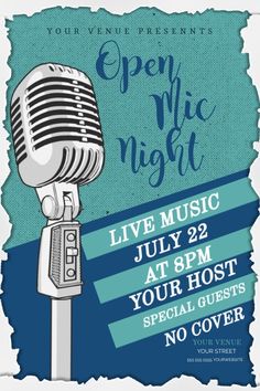 an open mic night flyer with a microphone on the front and blue stripes around it