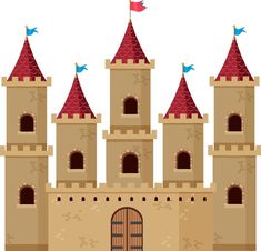 an old castle with towers and flags on it's roof is shown in this illustration