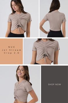 T0513 The coolest way to cool down. The Jet Stream Crop 2.0 features a double front cord crop design that allows you to customize your ideal fit and style. Wear loose for a relaxed fit or cinch for a crop with attitude. Made in LA. OOTD: For a ruched ensemble, pair the Jet Stream Crop 2.0 with the Cynthia Pant! Casual Workout Crop Top, Casual Cropped Summer Activewear, Casual Workout Tops With 4-way Stretch, Casual 4-way Stretch Sports Top, Casual 4-way Stretch Tops For Workout, Casual Summer Activewear Crop Top, Athleisure Workout Top With Drawstring, Athleisure Tops With Drawstring For Workout, Casual 4-way Stretch Yoga Top