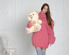 "MATERIAL : 100 % unspun merino wool COLOUR : Pink ( There may be a slight difference because of the different monitors' representation) ♥ In the picture the model is wearing a garment with these measurements : A: ( Body lenght) : 30.3 \" / 77 cm B: ( Chest width) 20.9 \" / 53 cm C: (Sleeve from under the arm) : 22.4 \" / 57 cm D: (Neck unrolled) : 5.1 \" / 13 cm. They are taken with the item laid flat and not streched. ♥ For choosing your size please look at size chart in our listing pictures. Pink Knitted Sweater Dress For Winter, Pink Chunky Knit Turtleneck Sweater, Pink Wool Knitted Sweater, Pink Knitted Wool Sweater, Pink Knitted Winter Sweater, Pink Knitted Sweater For Winter, Pink Knit Sweater For Winter, Pink Long Sleeve Knitting Pattern, Cozy Pink Knitting Pattern For Winter