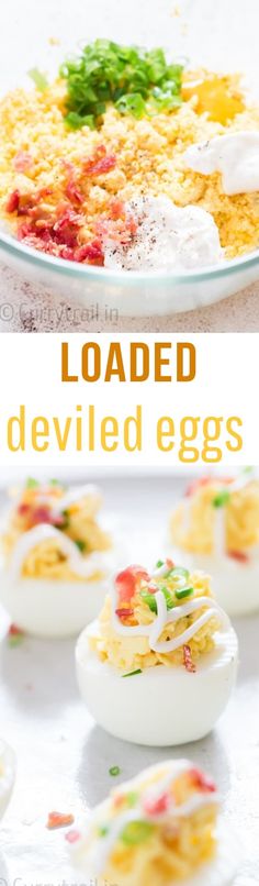 deviled eggs are loaded with colorful toppings