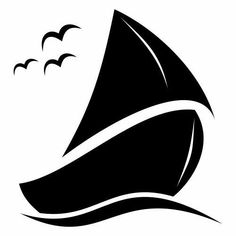 a black and white silhouette of a sailboat with birds flying over it's head