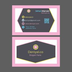 a business card with an abstract design on the front and back, in pink and black