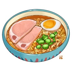 a bowl of ramen with meat, beans and an egg