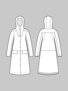 the front and back view of a women's raincoat