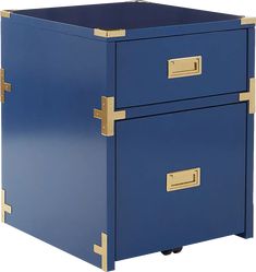 a blue and gold file cabinet with two drawers on each side, one drawer open