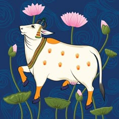 a cow standing in the middle of lotus flowers with an intricate pattern on it's body